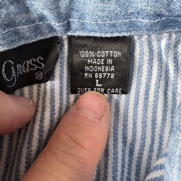 Vintage Lemon Grass Womens Striped Denim‎ Button Up Shirt Blue/White Large Train - Picture 9 of 15